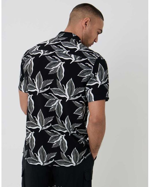 Threadbare Black Leaf Print Short Sleeve Shirt for men
