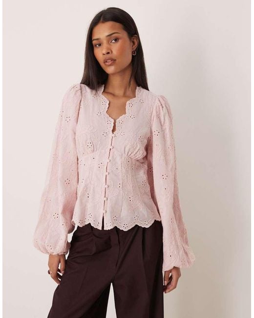 Gina Tricot Pink V-neck Broderie Blouse