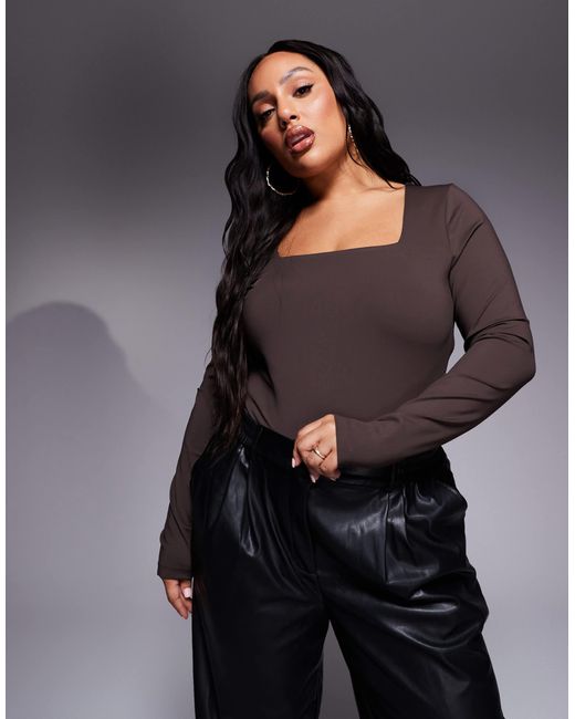 ASOS Gray Asos Design Curve Premium Sculpting Square Neck Long Sleeve Bodysuit