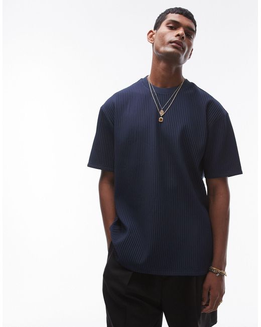 Topman – plissiertes oversize-t-shirt in Blue für Herren
