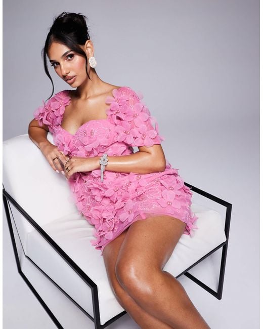 ASOS Pink 3d Floral Off Shoulder Embellished Mini Dress With Caged Skirt
