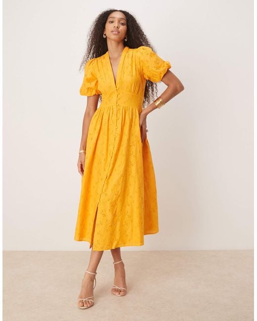 Nobody's Child Yellow Starlight Puff Sleeve Midi Dress