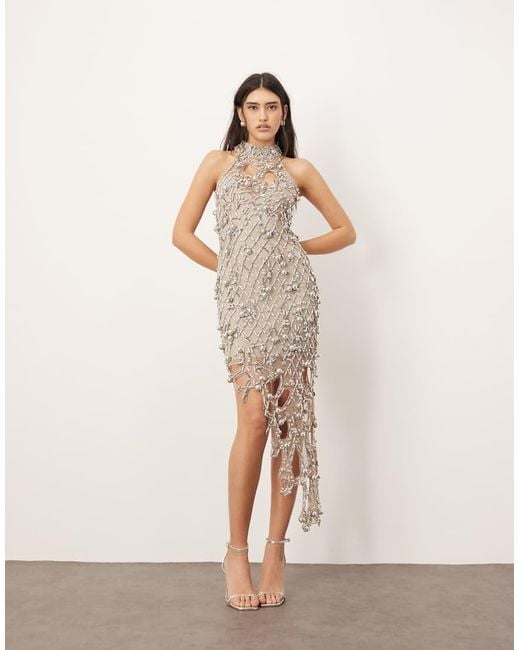 ARRANGE Natural Embellished Halterneck Metal Look Asymmetric Midi Dress