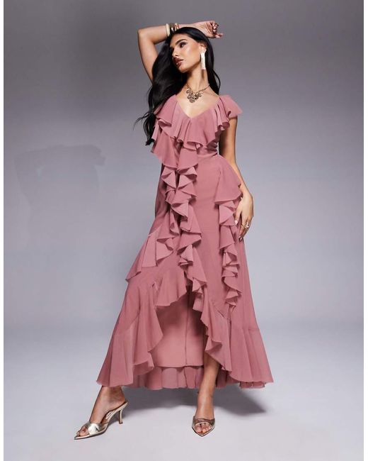 ASOS Red Ruffle Bias Maxi Dress With Open Back