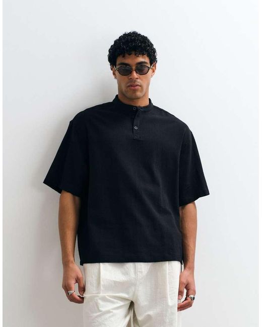 ASOS Blue Boxy Oversized Linen Look Shirt With Henley Collar for men