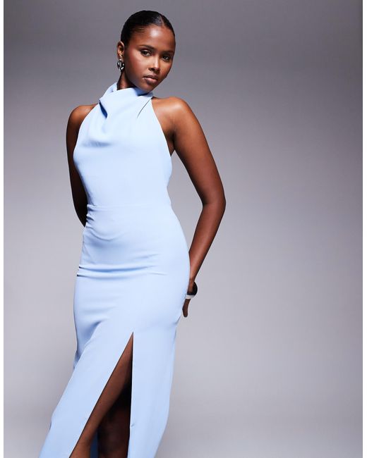 Vesper Blue High Cowl Neck Side Split Maxi Dress