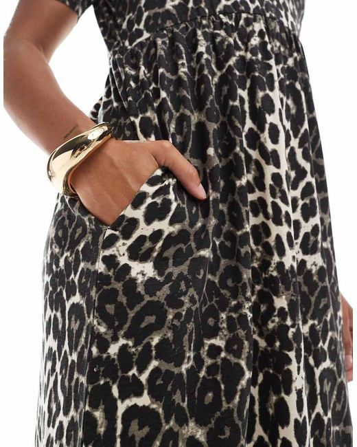 Threadbare Midi Jurk Van Jersey Met Korte Mouwen, Verlaagde Taille En Luipaardmotief in het White