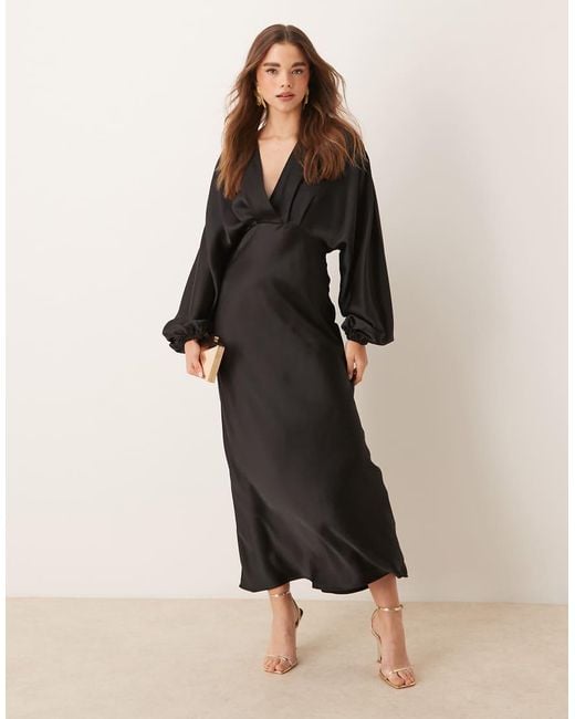 Gina Tricot Black V Neck Satin Maxi Dress With Volume Sleeves
