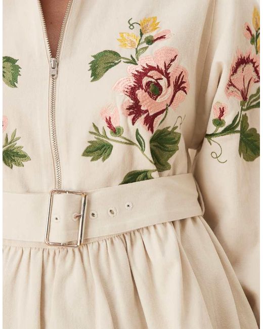 ASOS Natural Heavy Twill Belted Mini Shirt Dress With Tiered Skirt