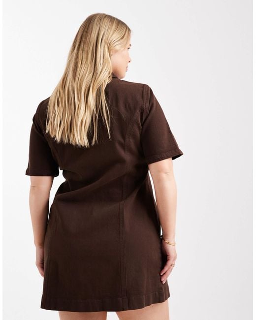ASOS Brown Asos Design Curve Denim Short Sleeve Mini Dress With Zip Through