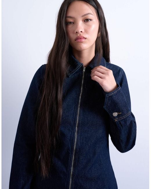 TOPSHOP Blue Denim Zip Through Long Sleeve Mini Dress