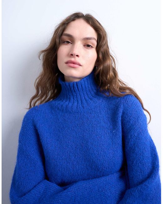 TOPSHOP Blue Oversized High Neck Longline Knit Sweater With Neck Detail
