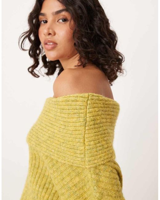 ASOS Yellow Oversized Off Shoulder Jumper With Wool