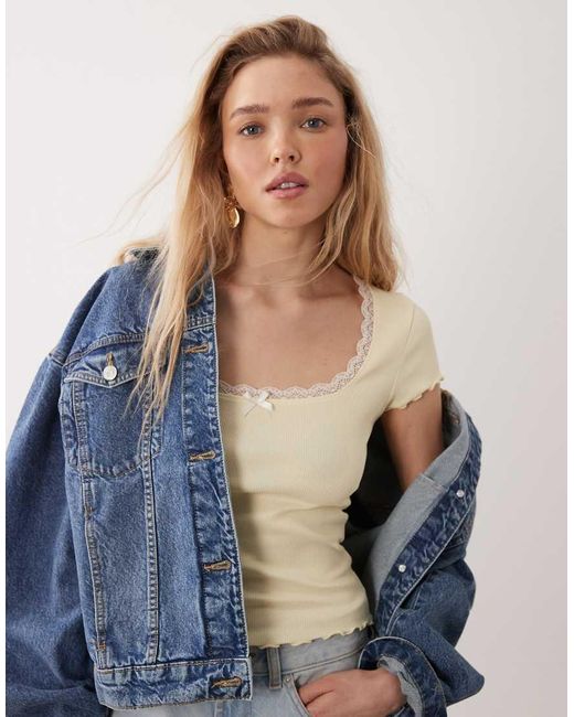 Miss Selfridge Blue Square Neck Lace Trim Short Sleeve Top