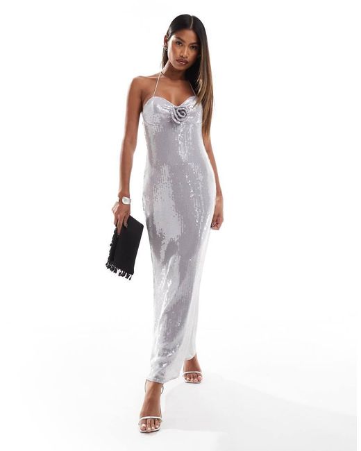 ASOS White Sheer Sequin Corsage Bust Detail Midi Dress