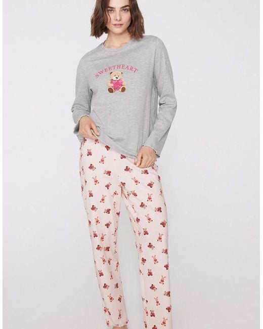 Tezenis Gray Teddy Bear Print Cotton Long Pyjamas