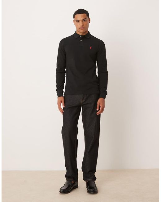 Polo Ralph Lauren Black Icon Logo Slim Fit Long Sleeve Pique Polo for men