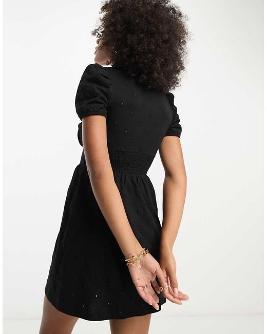 ASOS Black Broderie Short Sleeve Mini Tea Dress With Ruched Bust