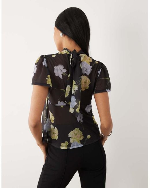 ASOS Black Floaty Mesh Flutter Sleeve Top With Tie Back Detail