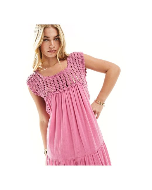 ASOS Pink Crochet Swing Tiered Maxi Dress