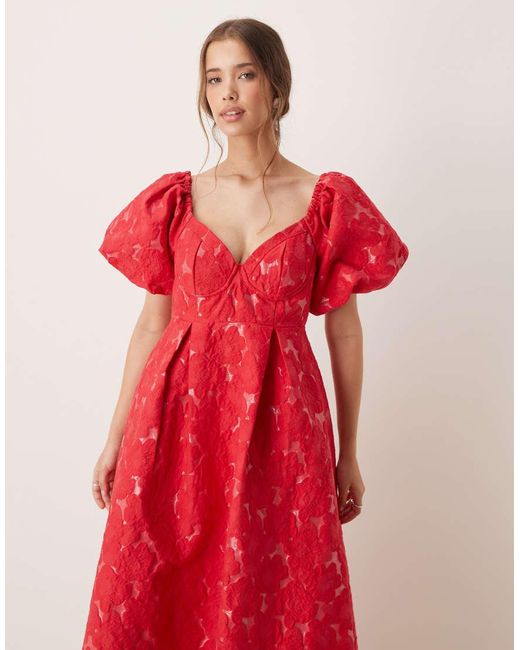 Sister Jane Red Dream Puff Sleeve Jacquard Midaxi Dress