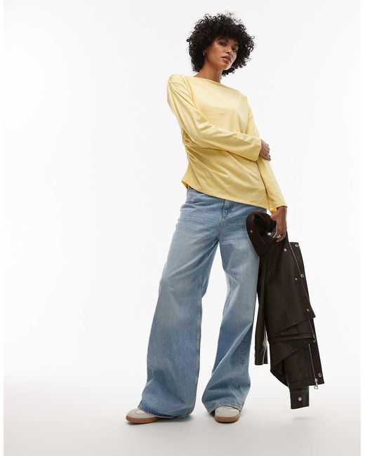 TOPSHOP Yellow Asymmetric Slash Neck Long Sleeve Top