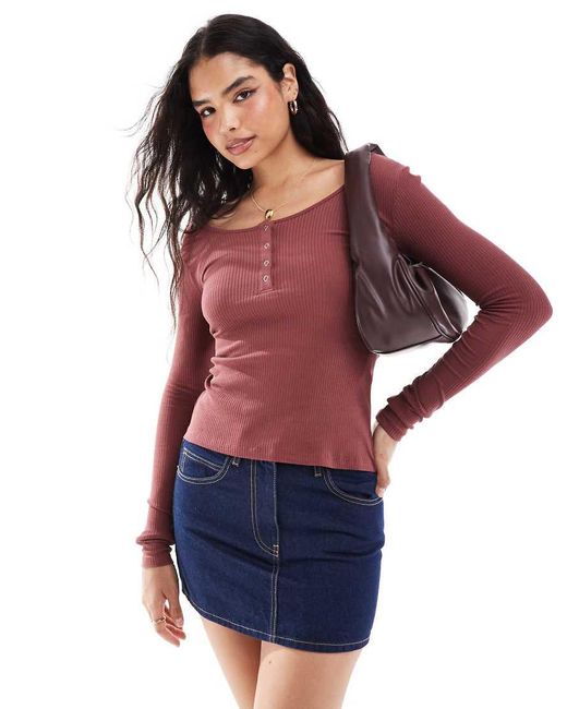 Pieces Red Ribbed Popper Front Long Sleeve Top