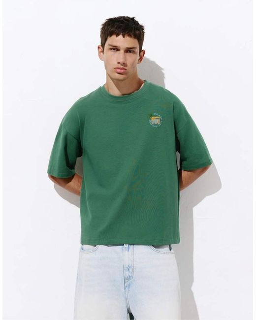 Pull&Bear Green Relaxed Embroidered T-shirt for men
