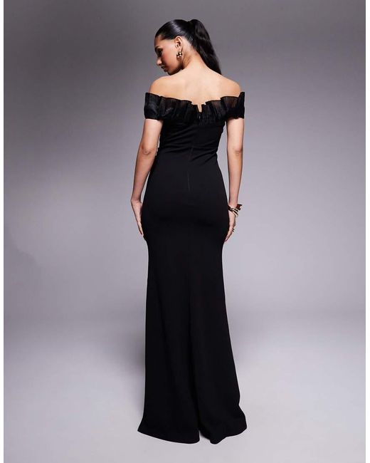 Goddiva Black Fan Pleated Bardot Scuba Crepe Maxi Dress