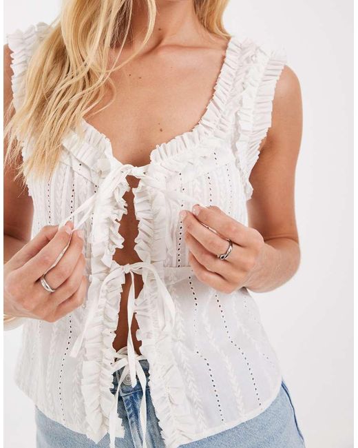 Object Blue Ruffle Trim Tie Front Embroidered Milkmaid Cami Top