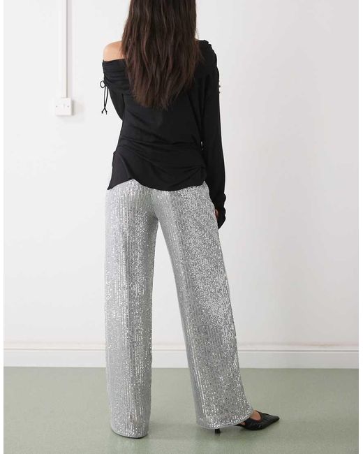 Noisy May Gray High Waist Pull On Sequin Trousers