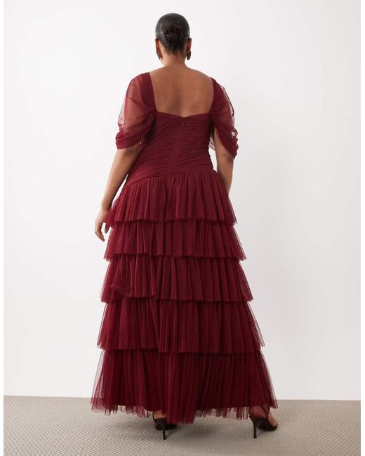 Lace & Beads Plus Red Tulle Fallen Shoulder Asymmetric Ruffle Detailing Maxi Dress