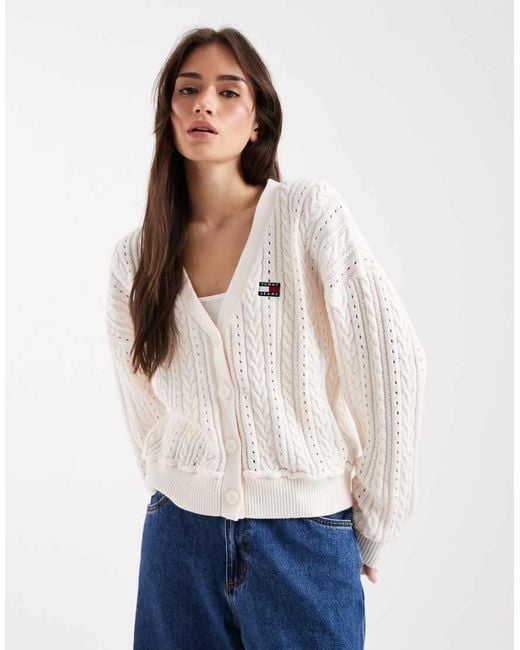 Tommy Hilfiger White Boxy Fit Cable Knit Cardigan