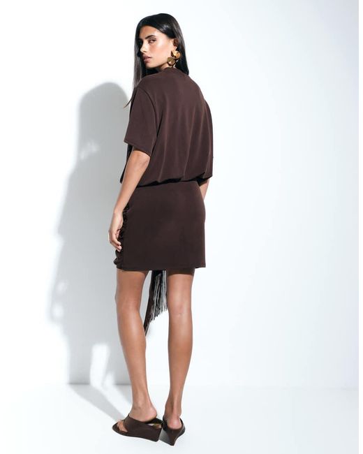 ASOS Black Modal Short Sleeve With Fringed Tie Detail Mini Dress