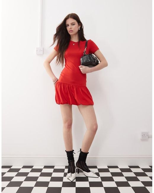Weekday Bubble Hem T-shirt Mini Dress in Red Lyst UK