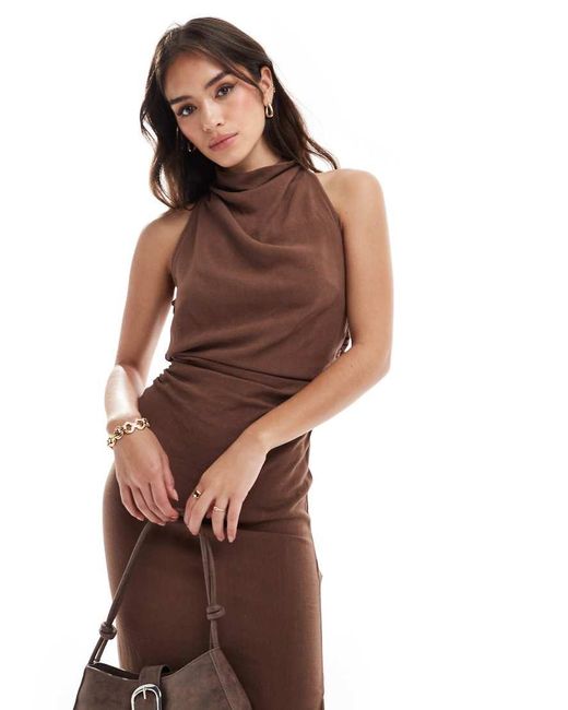 ASOS Brown High Neck Cross Back Column Midi Dress