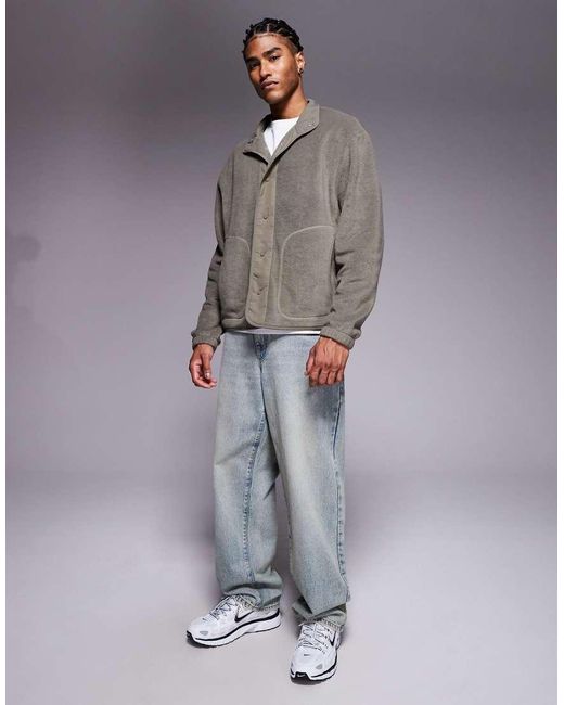 ASOS Oversized Fleece Jack Met Knoopsluiting En Nylon Inzetstuk in het Gray voor heren