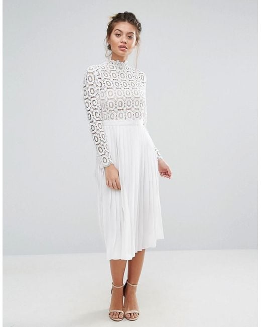 Little Mistress White Premium Lace Pleated Midi Dress