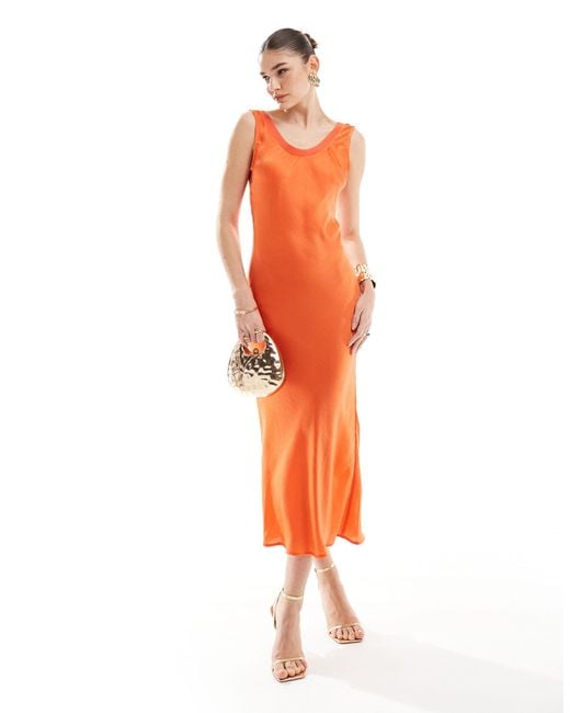 ASOS Orange Bias Slip Midi Dress With Rib Neck