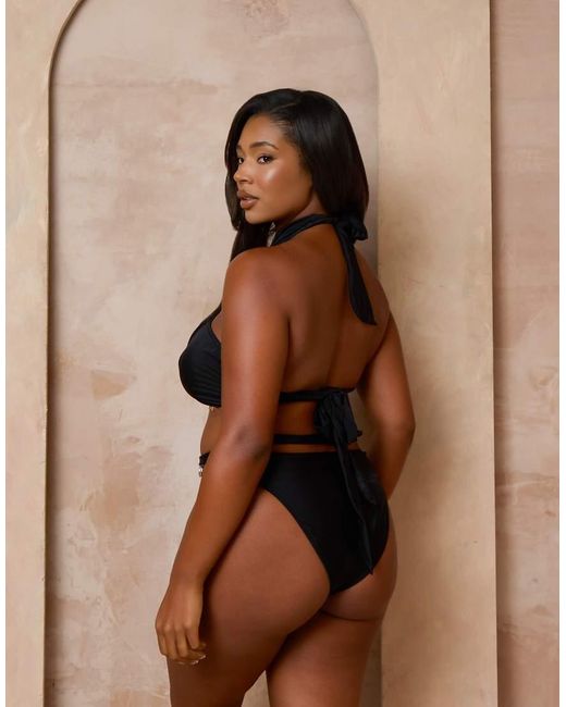 Moda Minx Curve Brown X Alessa Tyrrell-charles High Waisted Bikini Bottoms With Shell Trim