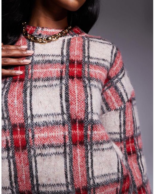 Pull en maille ultra duveteuse à carreaux écossais River Island en coloris Red