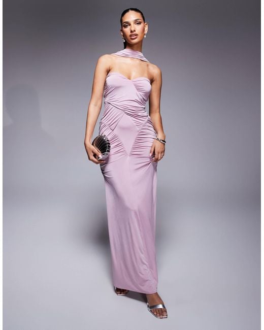 ASOS Women's Purple Slinky Bandeau Ruched Maxi Dress With Neck Tie