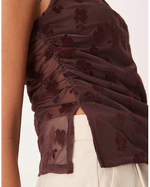 ASOS Brown Asymmetric Draped Flocked Burn Out Floral Sheer Top