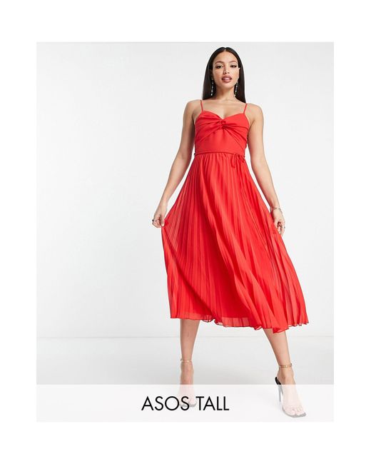 ASOS Red Asos Design Tall Twist Front Pleated Cami Midi Dress With Belt