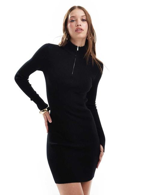 Miss Selfridge Black Rib Knit Half Zip Collar Detail Mini Dress