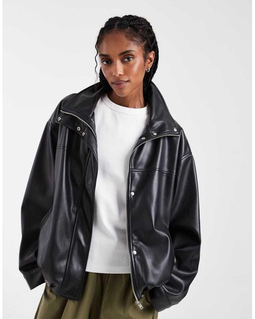 ASOS Black Clean Leather Look Funnel Track Bomber Jacket