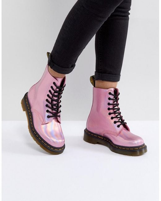 Dr. Martens Leather Holographic Pink Lace Up Boots
