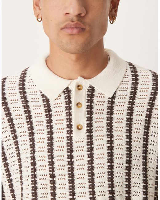 ASOS Natural Relaxed Crochet Knit Button Up Polo Shirt With Stripe Pattern for men