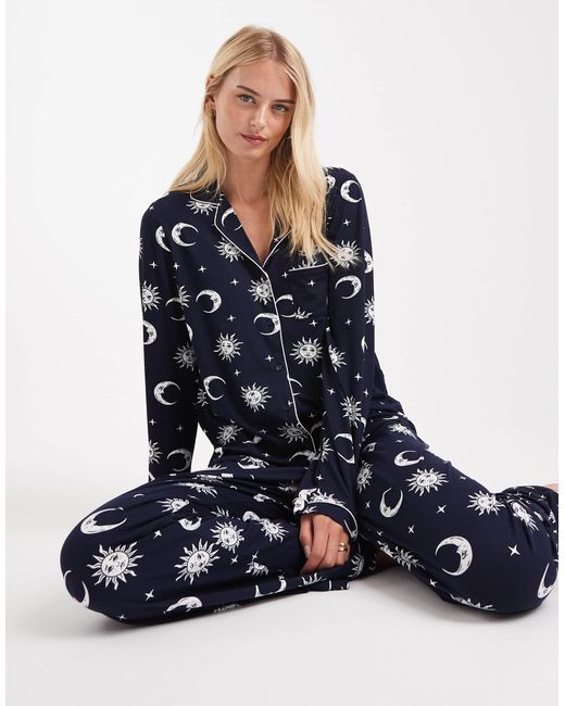 Loungeable Blue Tall Super Soft Jersey Revere Pyjama Set With Piping Detail