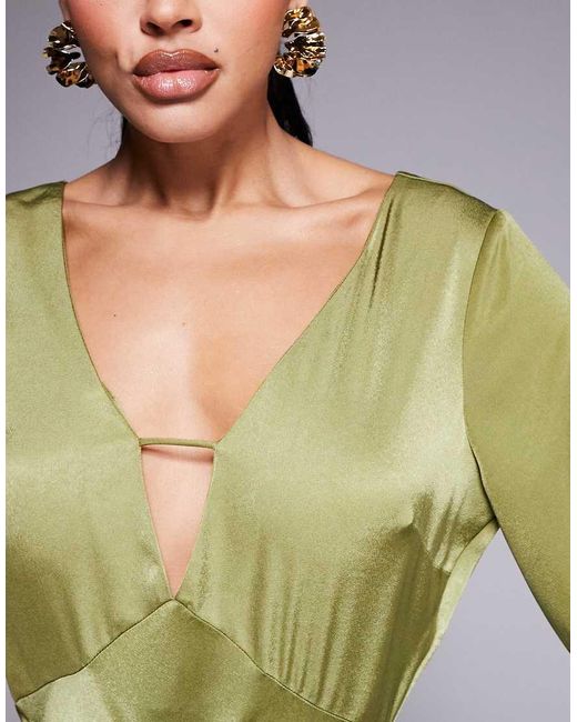 ASOS Satijnen Maxi Jurk Met Blousonmouwen En V-Hals in het Green